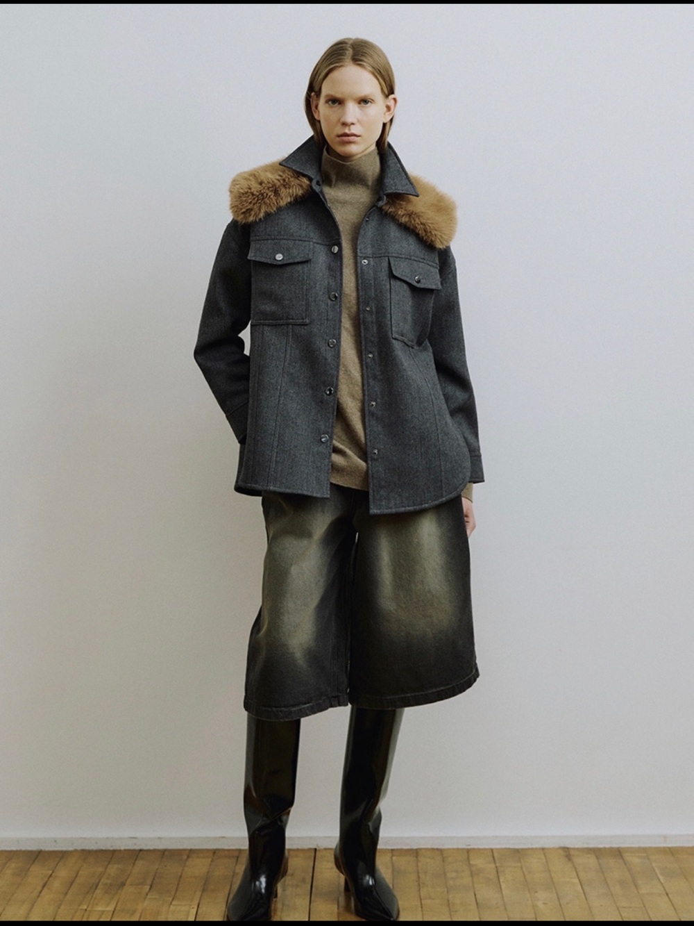 ❥MOLLIOLLI DARTON Detachable Faux Fur Collar Herringbone Shirt Jacket Grey❥